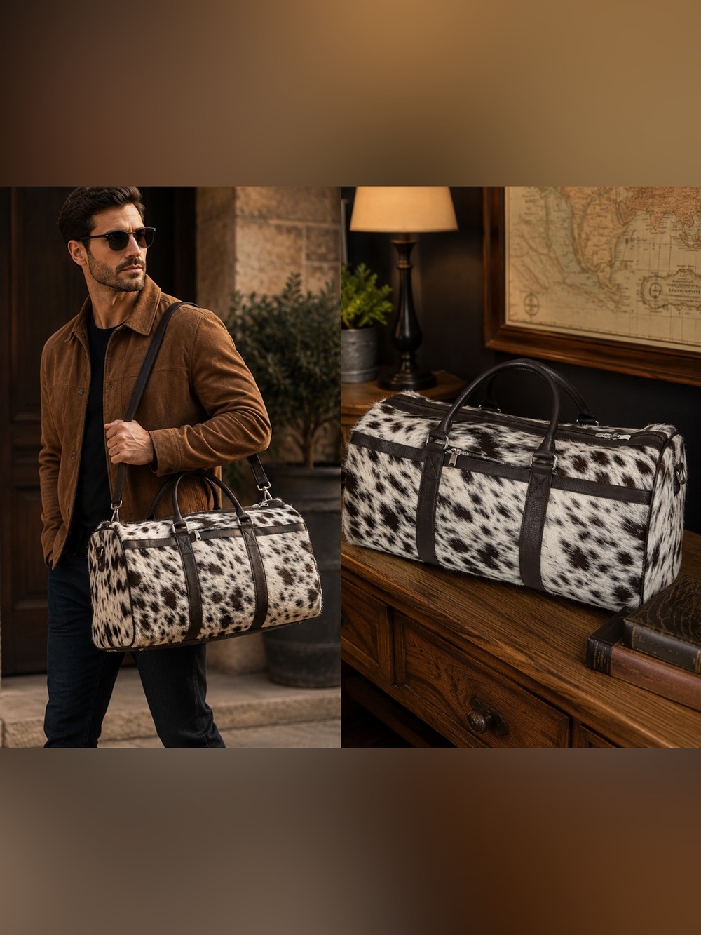 Handmade genuine Cowhide leather duffel Bag with Leather Handles